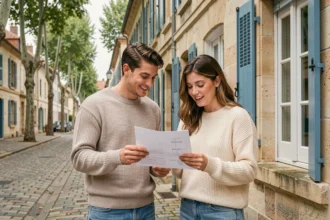 Jeune couple découvrant une maison en pierre à Limoges lors de leur premier achat immobilier avec une agence locale