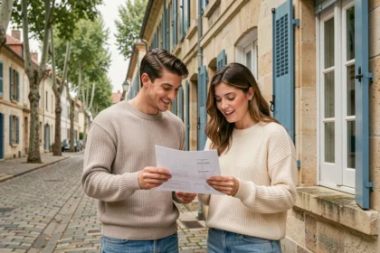 Jeune couple découvrant une maison en pierre à Limoges lors de leur premier achat immobilier avec une agence locale