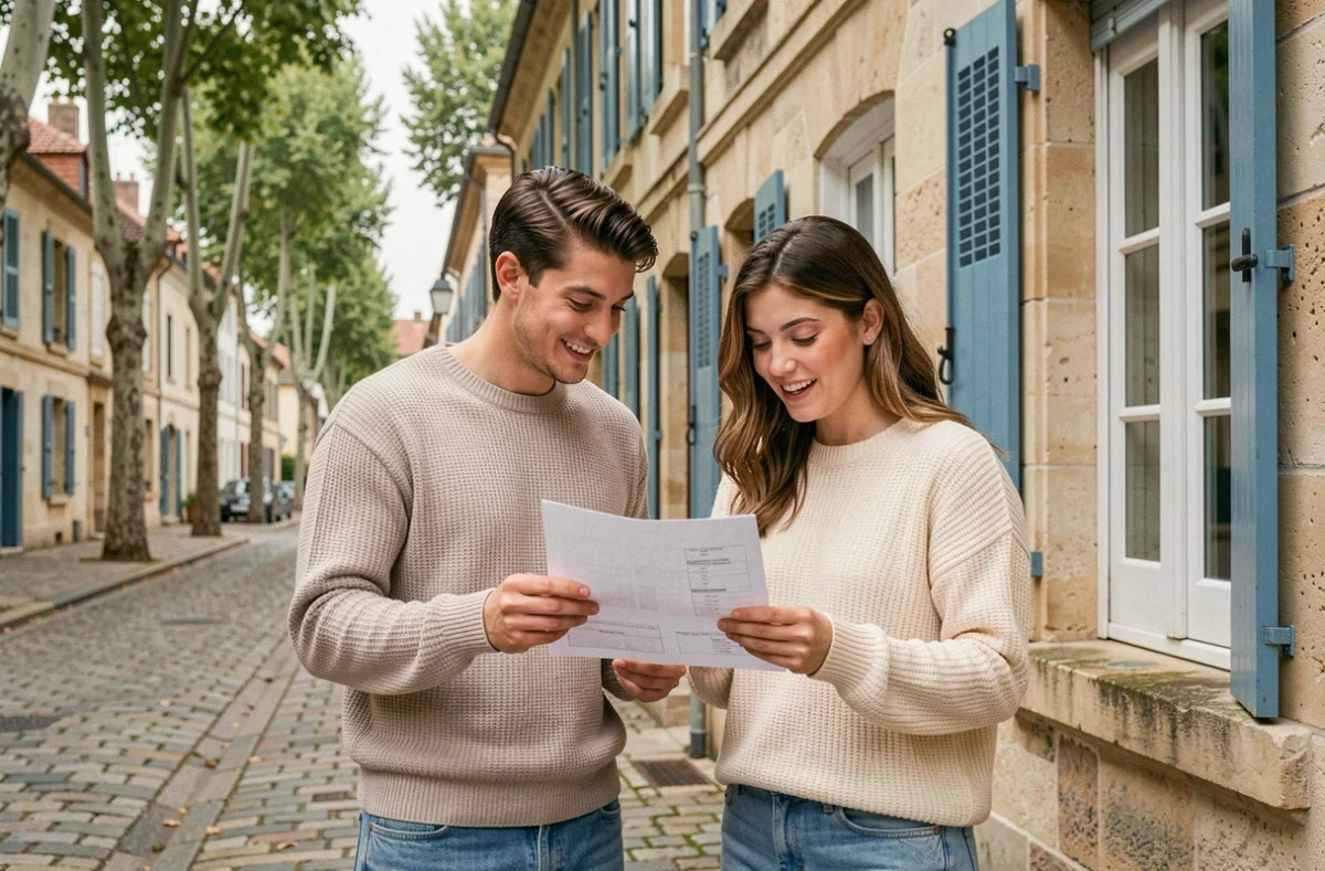 Jeune couple découvrant une maison en pierre à Limoges lors de leur premier achat immobilier avec une agence locale