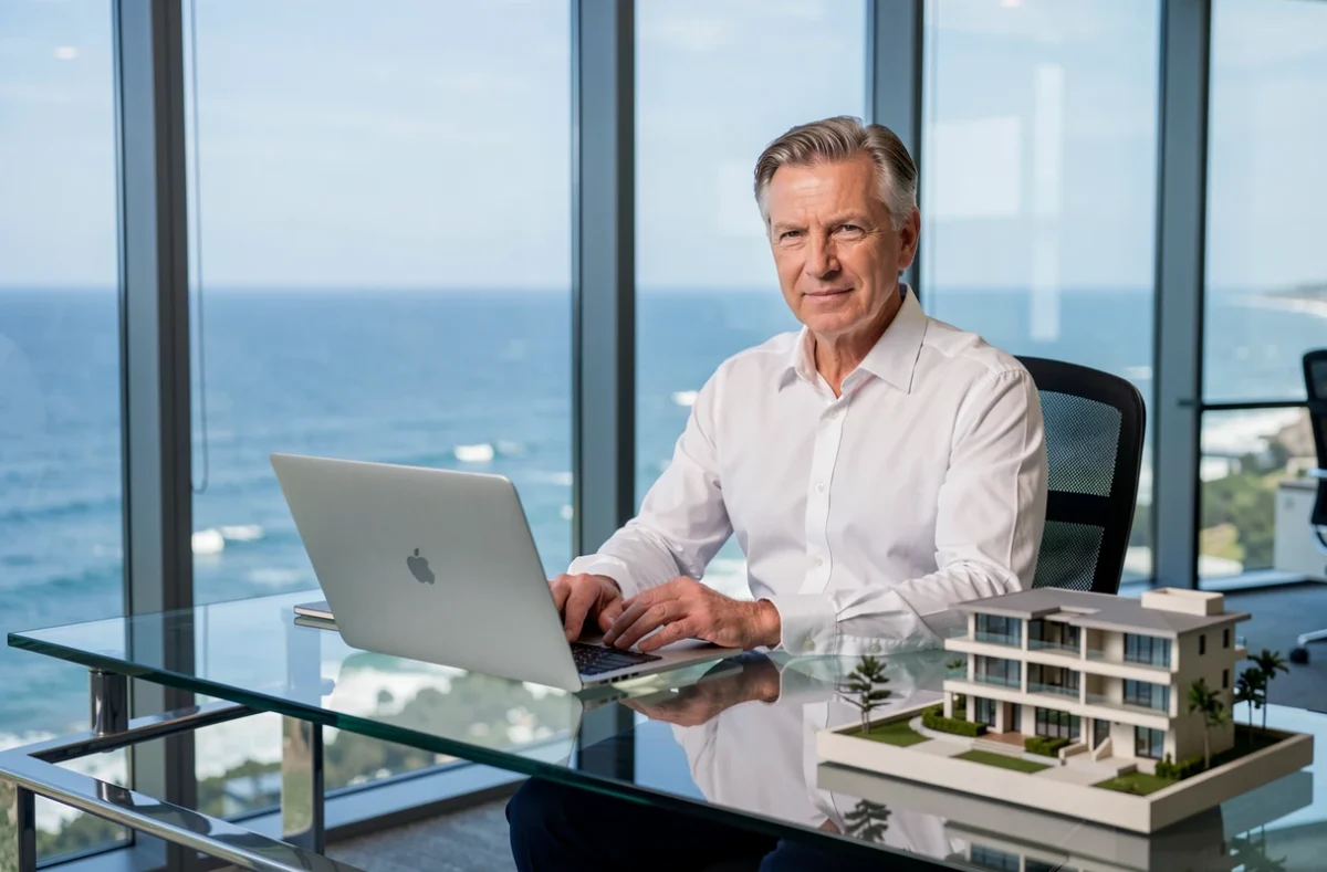 Un directeur de Prestige Immobilier Atlantique dans un bureau moderne avec vue sur la côte atlantique