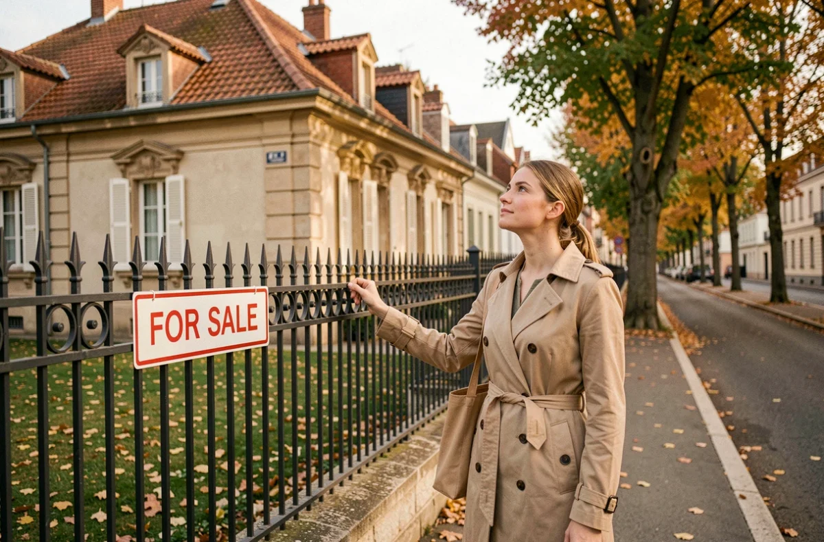 Femme primo-accédante devant une maison bourgeoise à vendre à Limoges, accompagnée par une agence immobilière locale