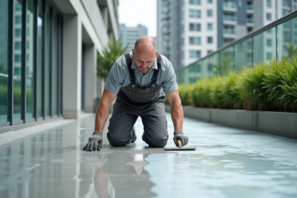 Hommes en overalls appliquant de la résine sur une terrasse urbaine