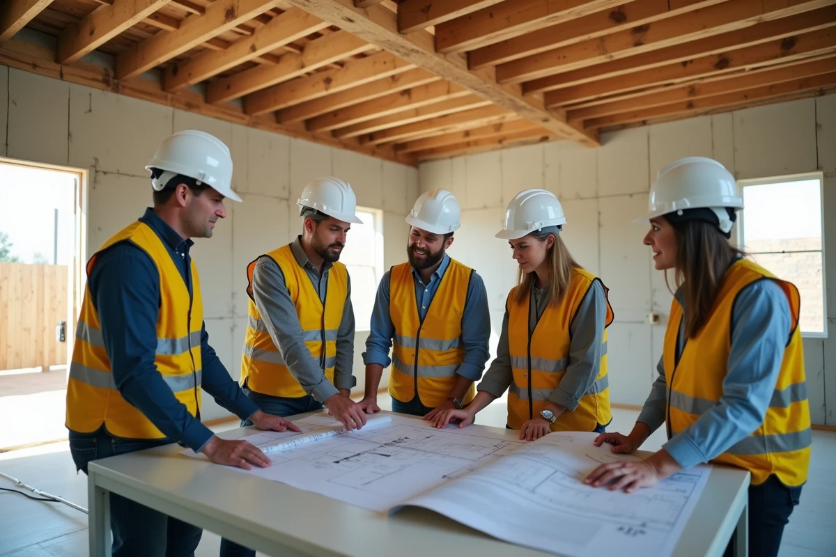 Professionnels du bâtiment discutant autour de plans dans une maison en construction
