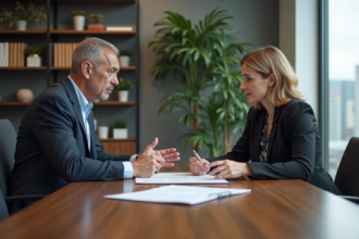 Homme et femme d'affaires discutant dans un bureau moderne