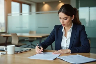 Femme agent immobilier révisant une proposition d'achat immobilier dans un bureau moderne
