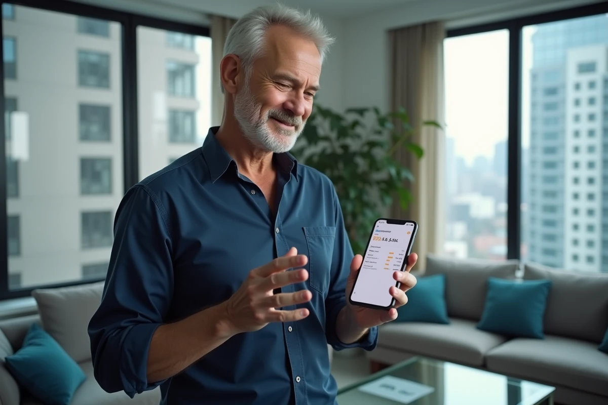 Propriétaire consultant le récapitulatif de ses charges de copropriété sur l'application MyFoncia depuis son appartement