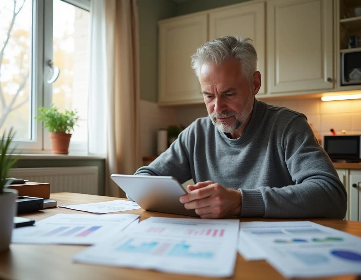 Propriétaire analysant et comparant des estimations immobilières en ligne à son domicile avec des documents imprimés