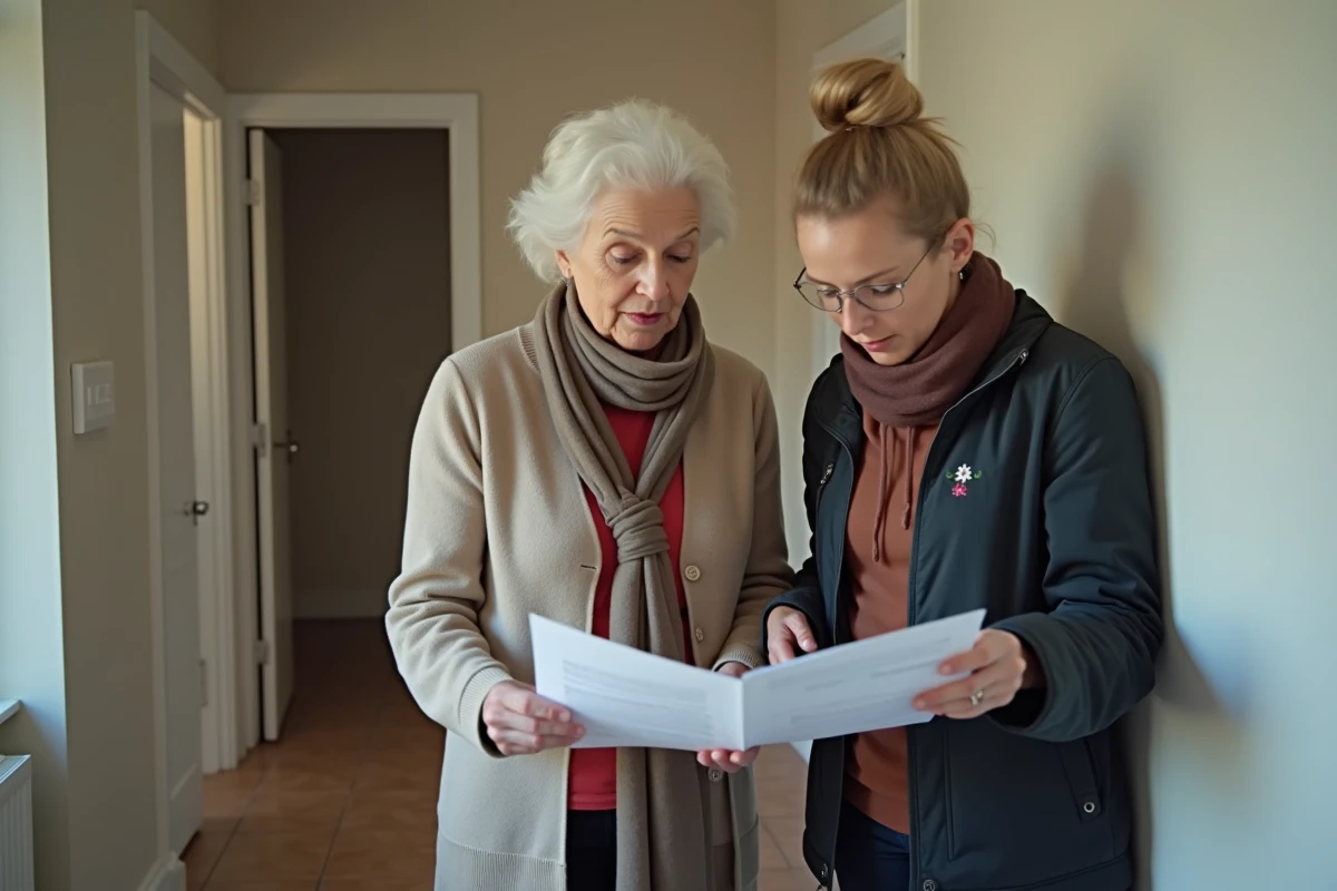 Propriétaire âgée discutant de documents avec une locataire dans le couloir
