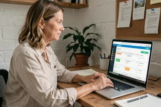 Propriétaire de gîte utilisant un channel manager sur son ordinateur portable dans un bureau à domicile organisé