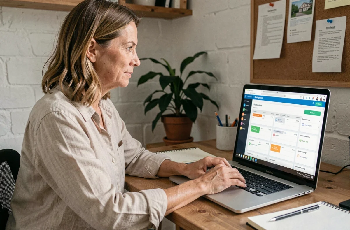 Propriétaire de gîte utilisant un channel manager sur son ordinateur portable dans un bureau à domicile organisé