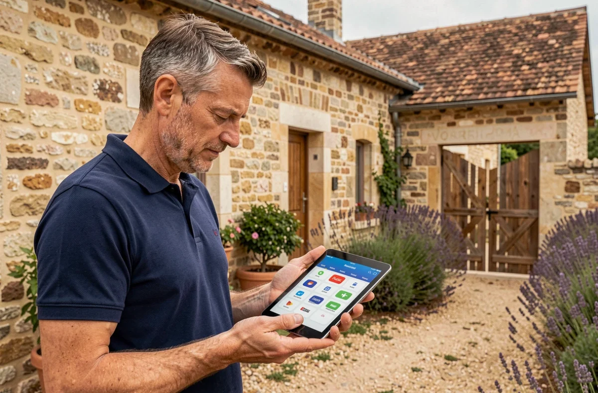 Propriétaire de gîte rural consultant son calendrier de réservations centralisé sur une tablette devant sa propriété en pierre