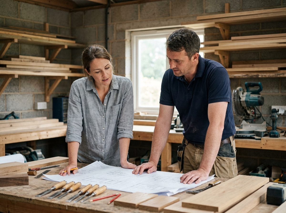 Propriétaire et menuisier examinant des plans de rénovation d'ouvertures dans un atelier de menuiserie