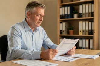 Propriétaire non occupant examinant un contrat d'assurance habitation à son bureau à domicile