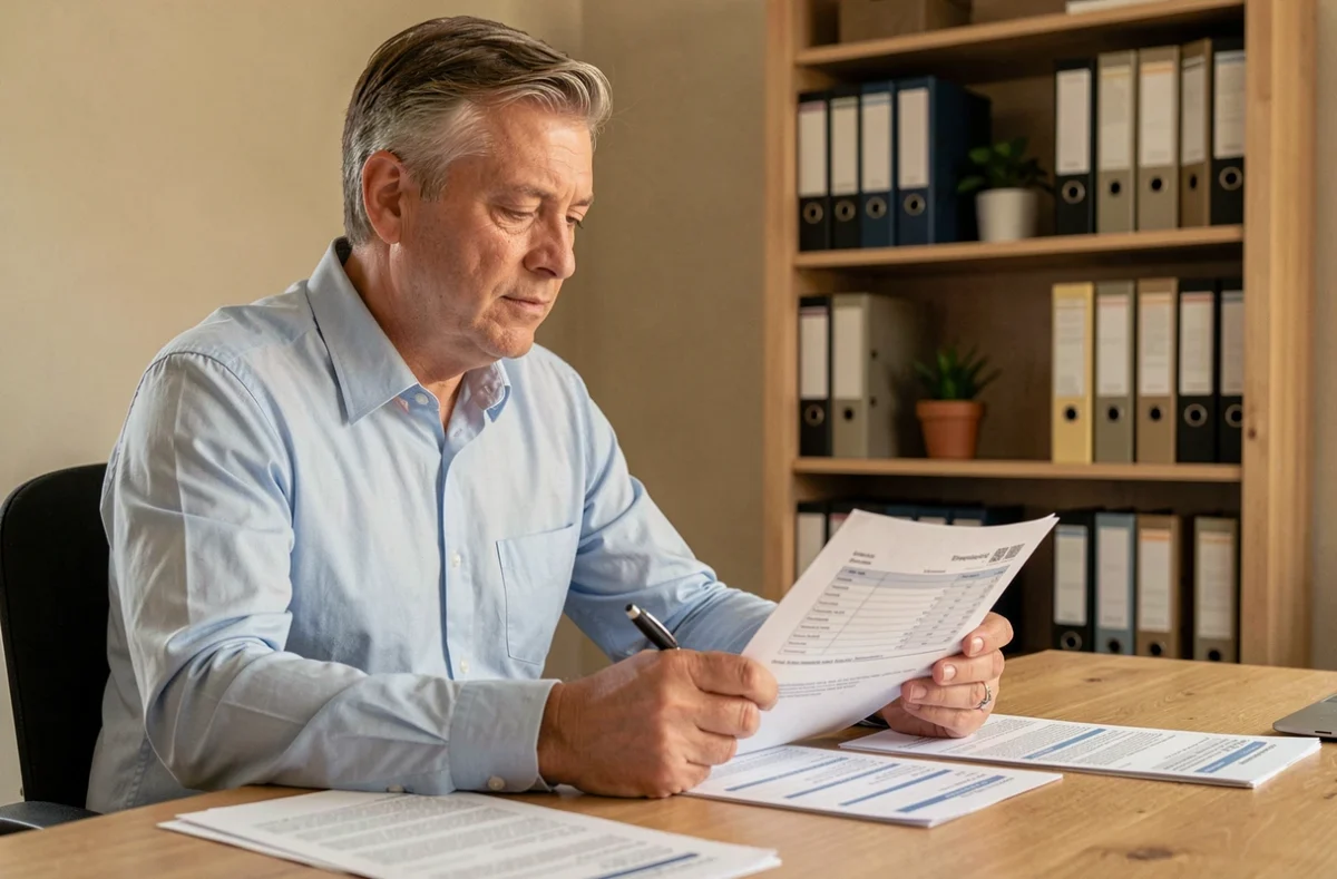 Propriétaire non occupant examinant un contrat d'assurance habitation à son bureau à domicile