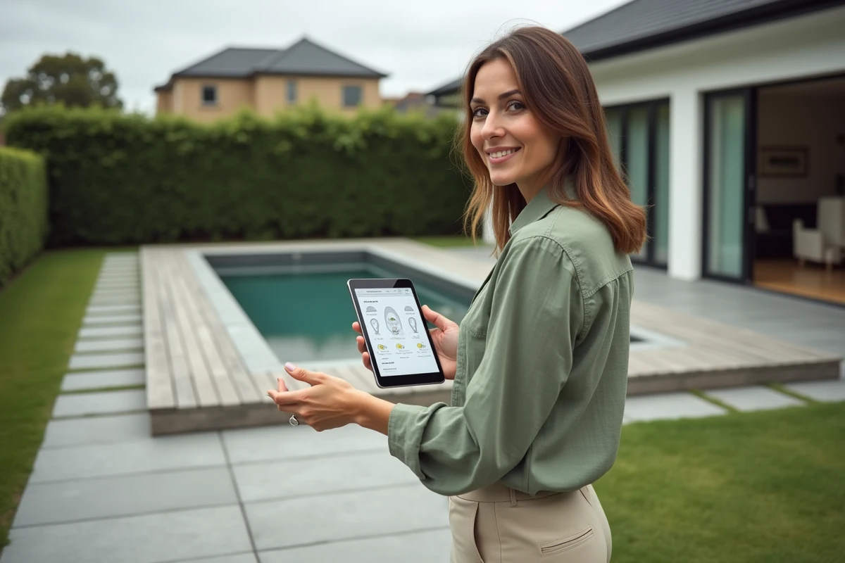 Propriétaire utilisant une tablette avec simulateur d'emprise au sol sur une terrasse en cours d'aménagement avec piscine