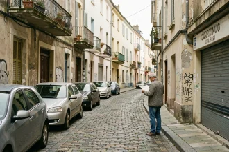 Rue résidentielle défraîchie d'un quartier populaire de Brive-la-Gaillarde avec façades usées et homme consultant une carte