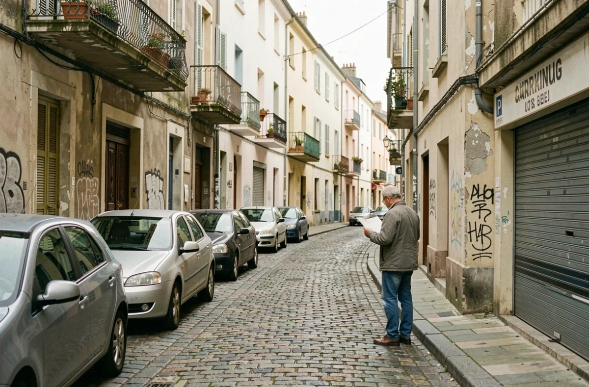 Rue résidentielle défraîchie d'un quartier populaire de Brive-la-Gaillarde avec façades usées et homme consultant une carte