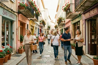 Rue animée d'un quartier commerçant de Marseille avec des habitants faisant leurs courses dans une ambiance provençale authentique