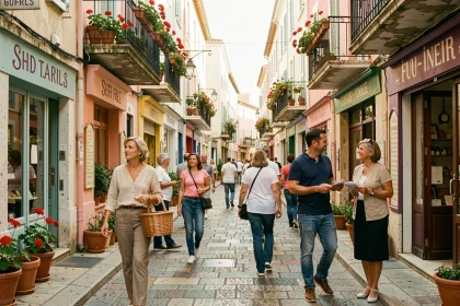 Rue animée d'un quartier commerçant de Marseille avec des habitants faisant leurs courses dans une ambiance provençale authentique
