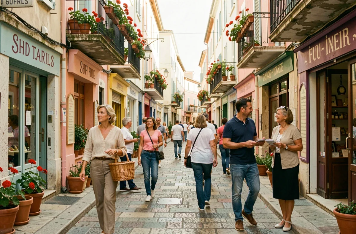 Rue animée d'un quartier commerçant de Marseille avec des habitants faisant leurs courses dans une ambiance provençale authentique