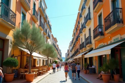 Rue animée des quartiers sud de Marseille avec façades rénovées et terrasse de café, illustrant le renouveau urbain du secteur