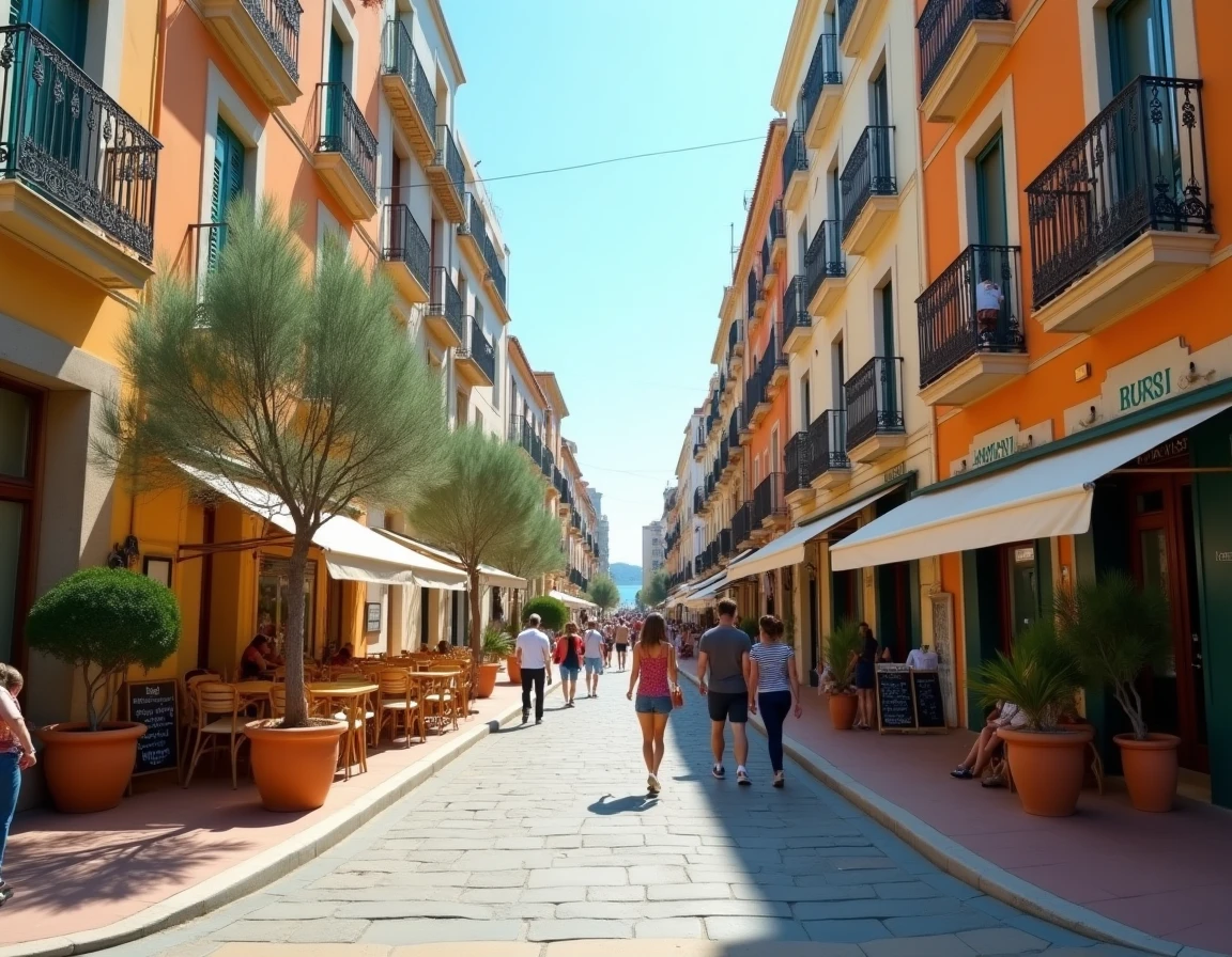 Rue animée des quartiers sud de Marseille avec façades rénovées et terrasse de café, illustrant le renouveau urbain du secteur