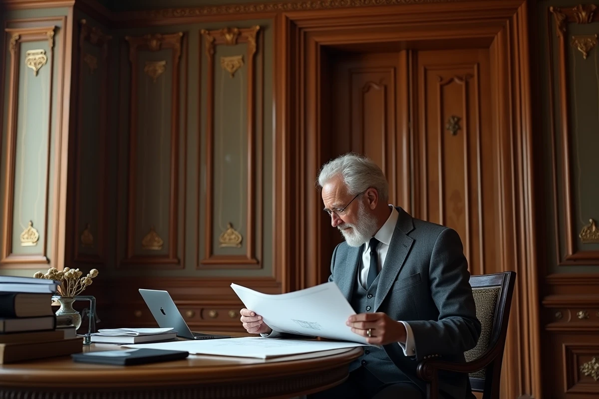 Homme age en costume gris examinant des plans dans un hotel parisien