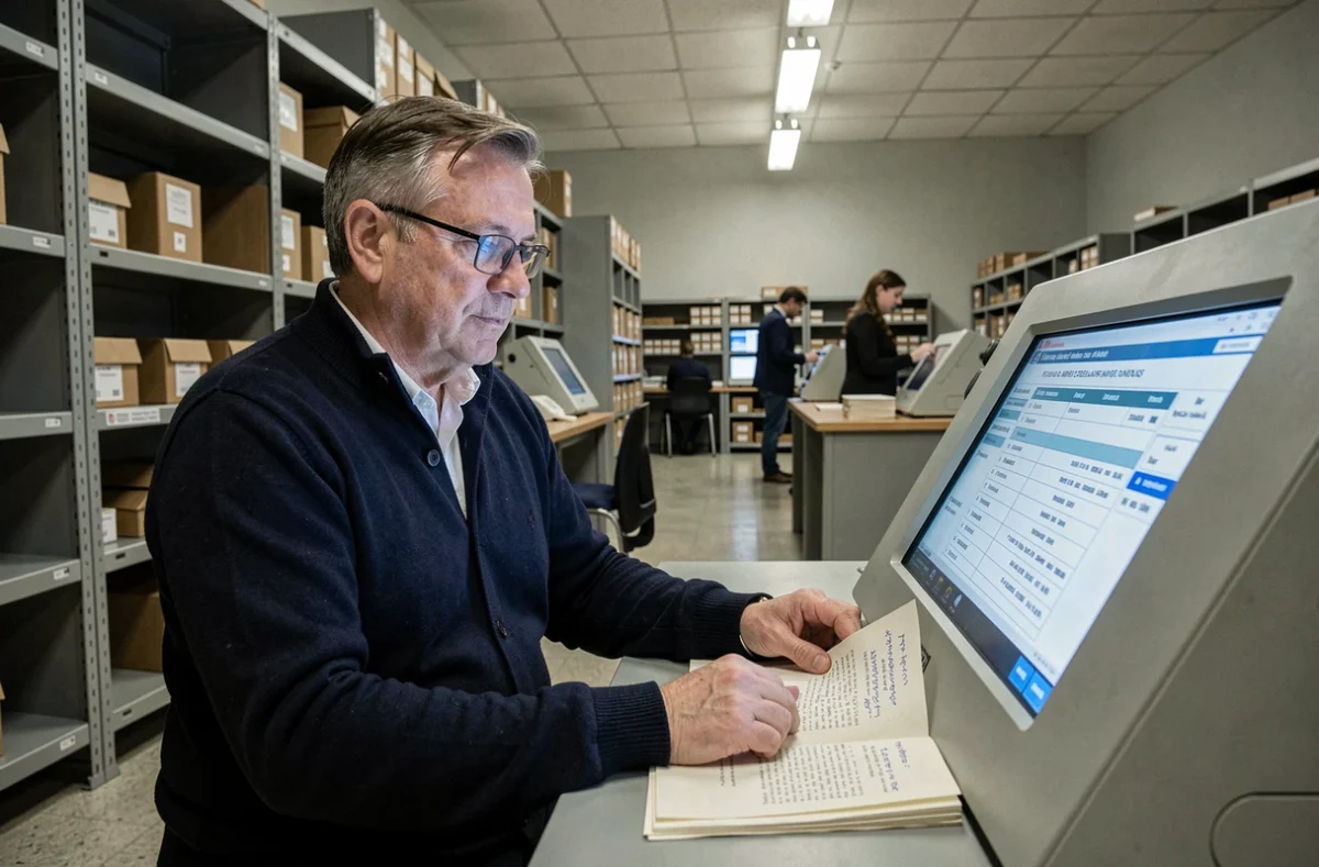 Homme consultant des registres fonciers anciens sur microfilm dans un centre d'archives départementales français