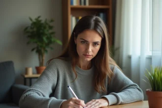 Femme rédigeant une lettre de préavis à la main dans un appartement, stylo sur papier blanc posé sur un bureau en bois