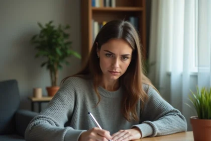 Femme rédigeant une lettre de préavis à la main dans un appartement, stylo sur papier blanc posé sur un bureau en bois
