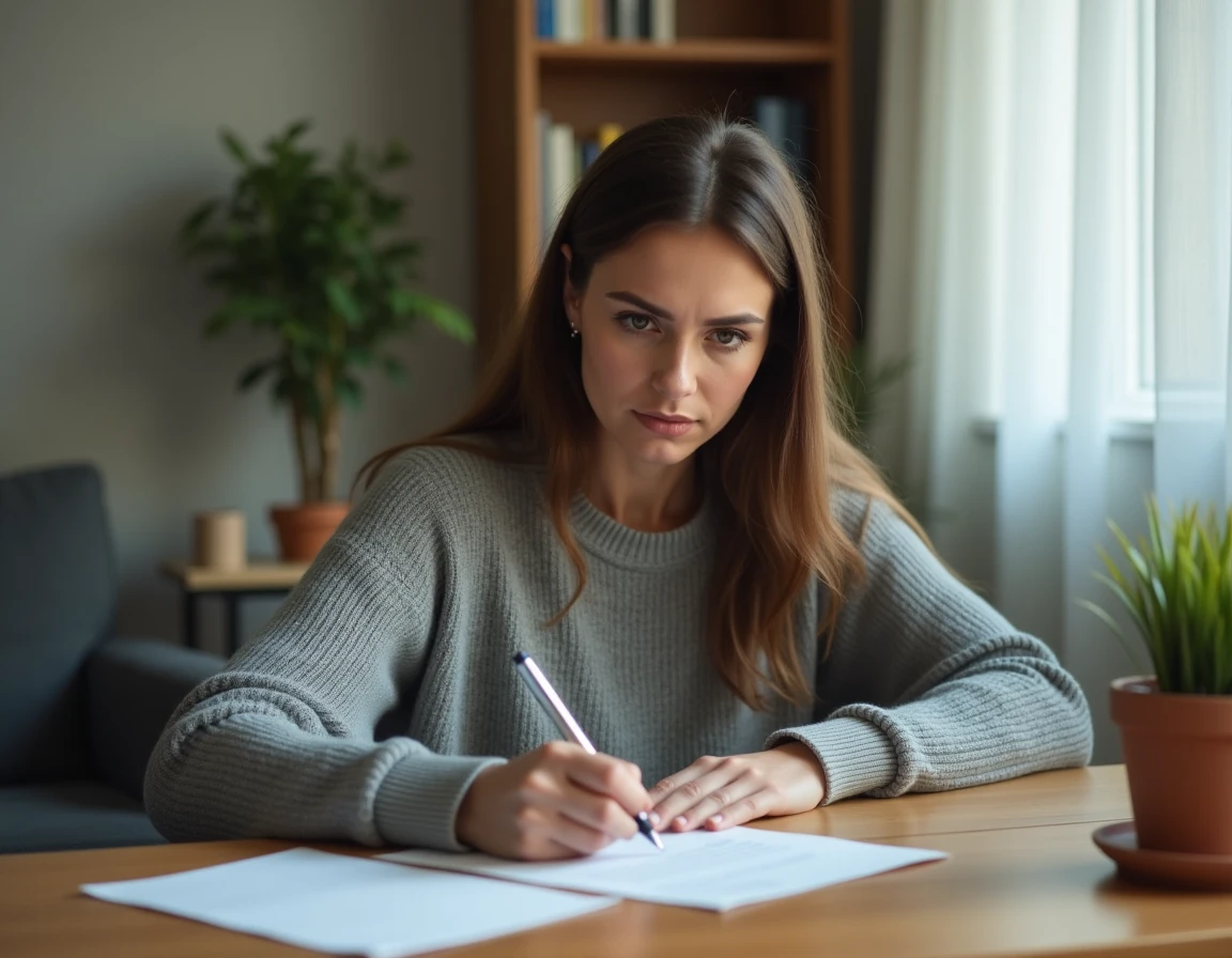 Femme rédigeant une lettre de préavis à la main dans un appartement, stylo sur papier blanc posé sur un bureau en bois