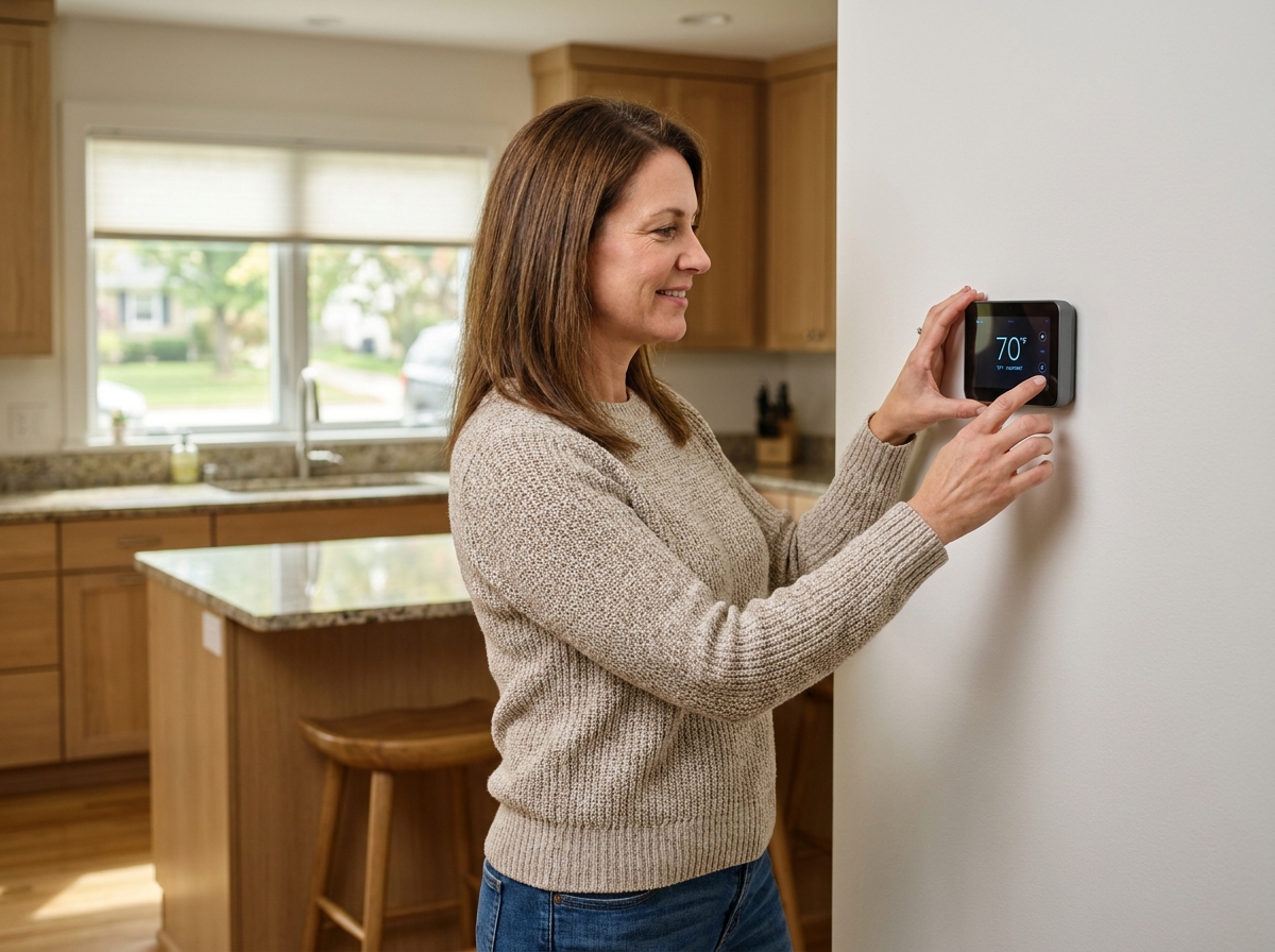 Femme réglant le thermostat d'une pompe à chaleur aérothermique dans une cuisine moderne