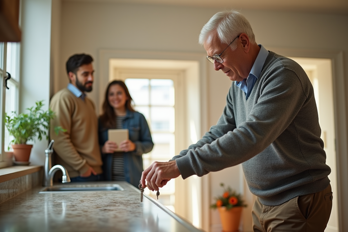 Propriétaire remettant des clés à un jeune couple dans la cuisine
