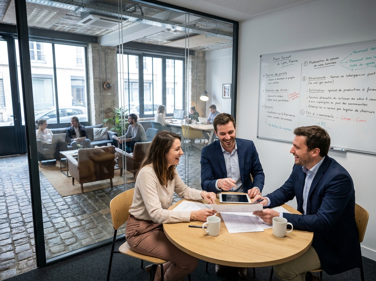 Groupe de professionnels en réunion collaborative dans une salle vitrée d'un espace de coworking partagé à Lyon