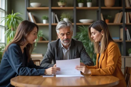 Trois adultes discutent d'un contrat à la maison
