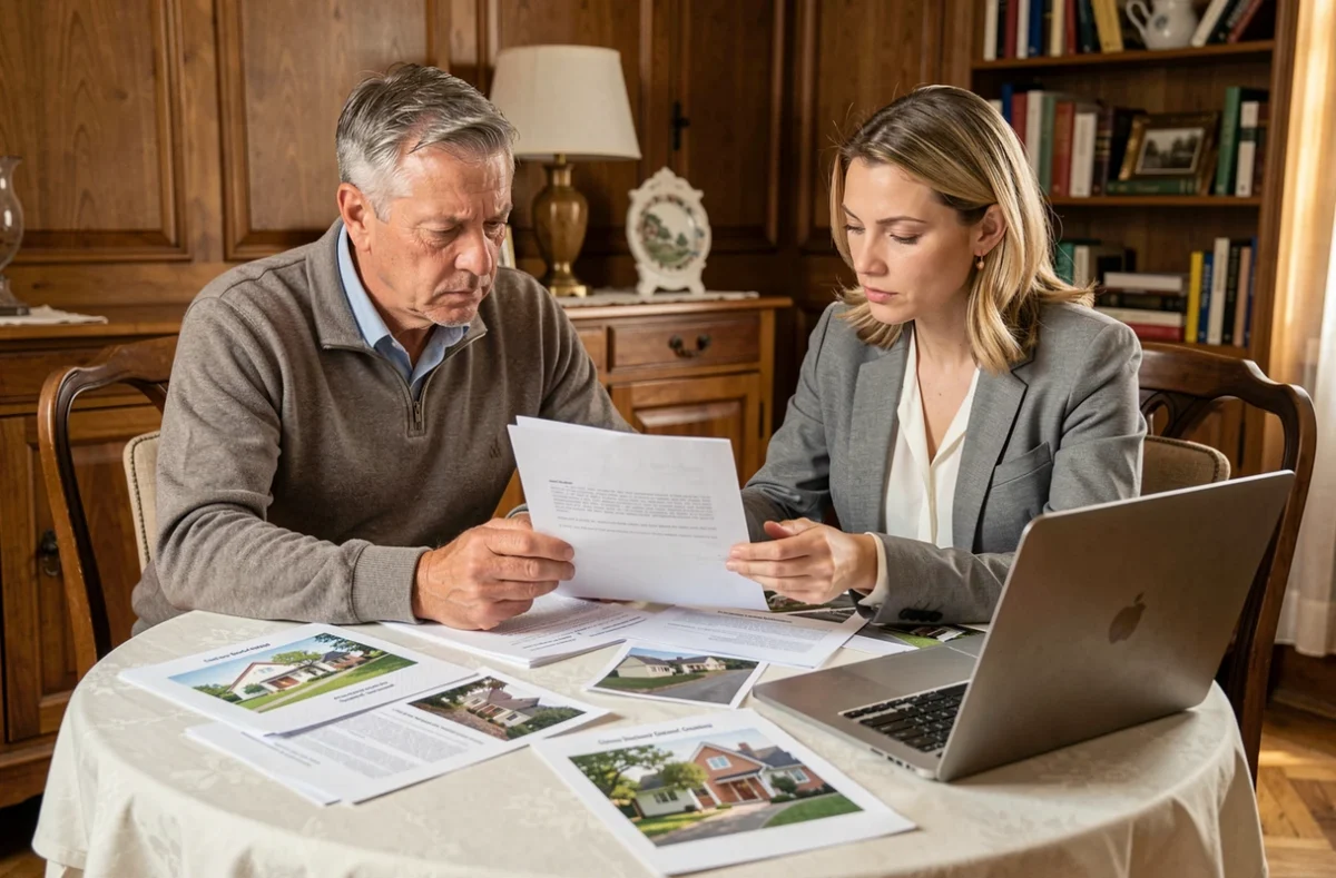 Propriétaire et expert en assurance habitation examinant ensemble un rapport d'expertise autour d'une table