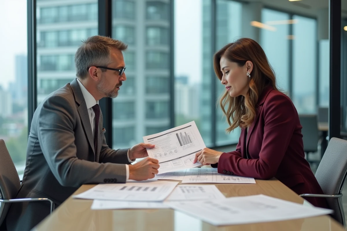 Deux investisseurs immobiliers en réunion pour analyser un prospectus d'immeuble de rapport avec tableaux de rendement locatif