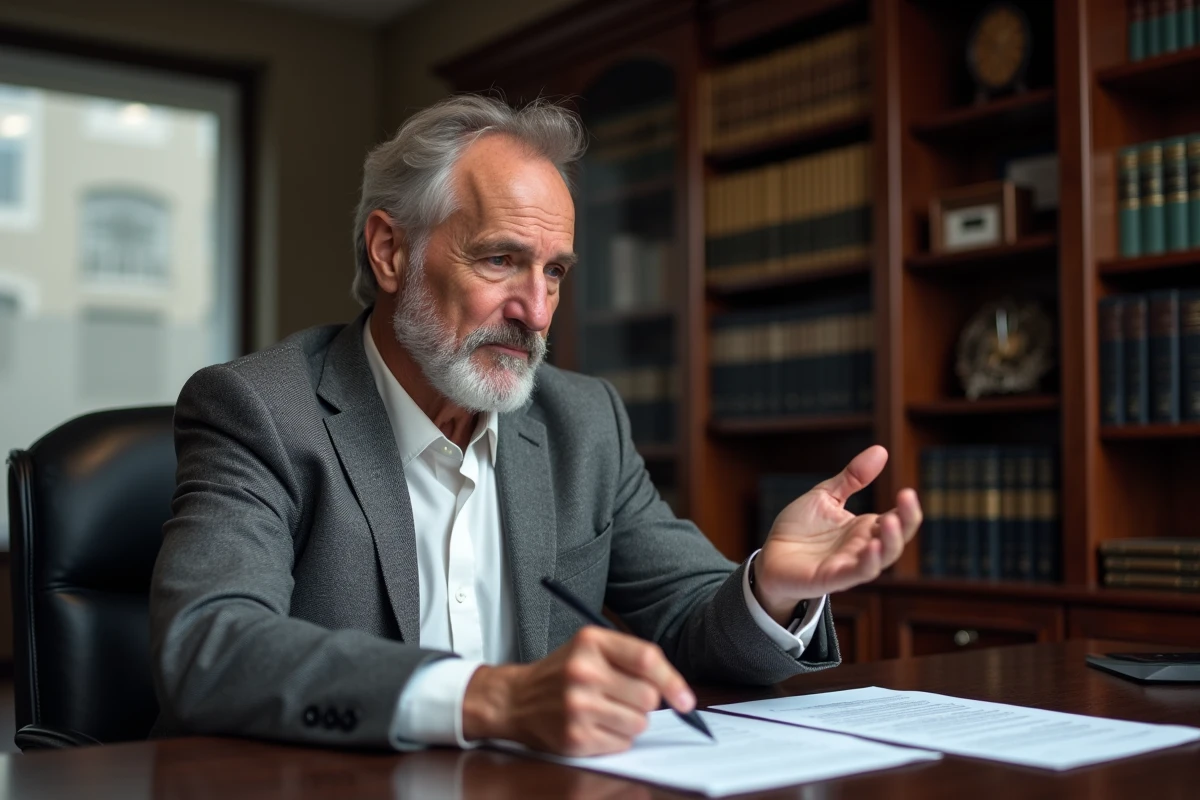 Un homme d'une cinquantaine d'années examine un contrat de viager chez un notaire, illustrant la revente d'un bien en viager sans bouquet libre