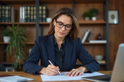 Femme professionnelle révisant un contrat de bail locatif à son bureau avec stylo et documents officiels