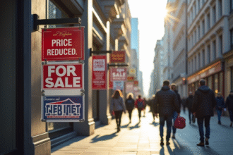 Rue urbaine avec panneaux immobiliers pour vente