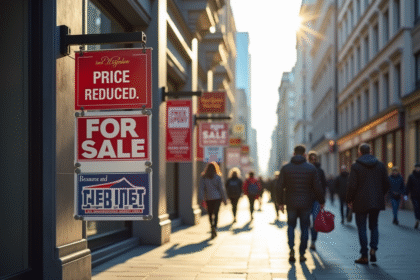 Rue urbaine avec panneaux immobiliers pour vente