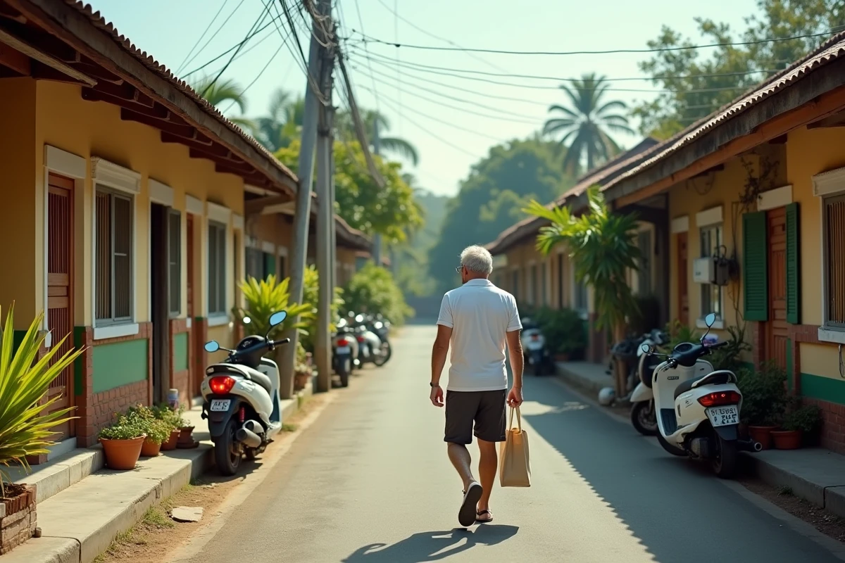 Rue résidentielle authentique d'une petite ville thaïlandaise avec maisons modestes et expatrié se promenant
