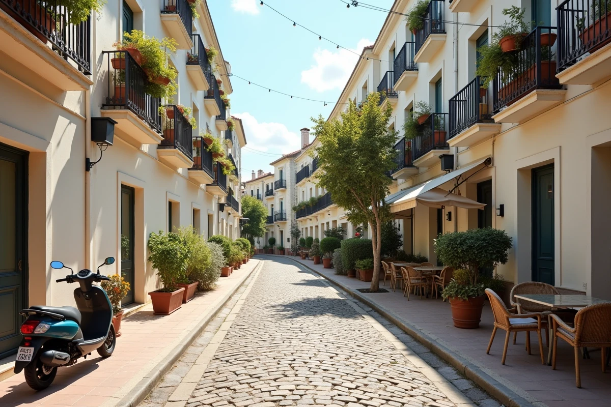 Rue résidentielle paisible du quartier Fabron à Nice avec terrasse de café et immeubles modernes aux balcons fleuris