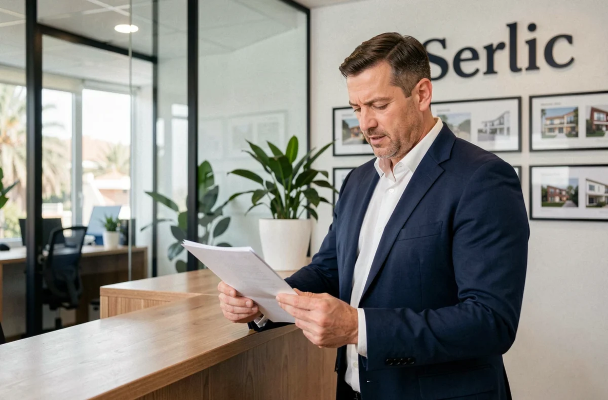 Conseiller de l'agence Sergic Nice accueillant un client au bureau de gestion locative dans un espace moderne