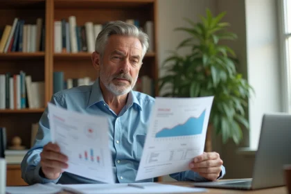 Un homme d'âge mûr analyse des documents financiers sur un bureau en bois pour simuler la rentabilité d'un viager