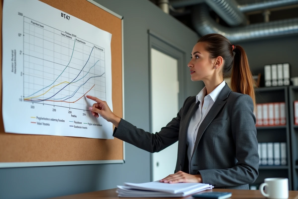 Spécialiste en marchés publics analysant l'évolution historique de l'indice BT47 sur un tableau de suivi en bureau administratif