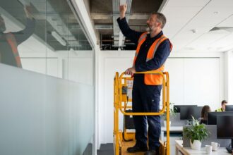 Technicien en tenue de travail utilisant un élévateur électrique dans un bureau moderne