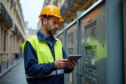 Technicien Enedis consultant une tablette devant un coffret électrique dans une rue parisienne