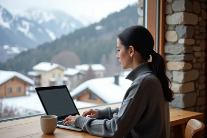 Télétravaileuse dans un appartement en Andorre avec vue sur les Pyrénées