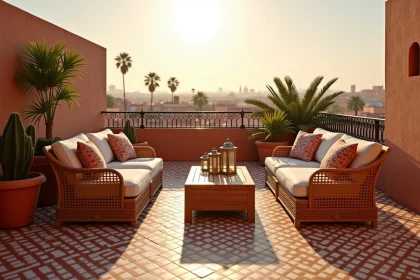 Terrasse marocaine traditionnelle avec vue panoramique sur les toits de Marrakech, carrelage zellige et lanternes décoratives